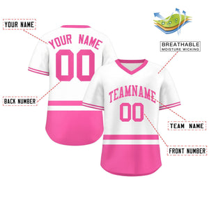 Custom White Pink Color Block Personalized V-Neck Authentic Pullover Baseball Jersey