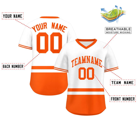 Custom White Orange Color Block Personalized V-Neck Authentic Pullover Baseball Jersey