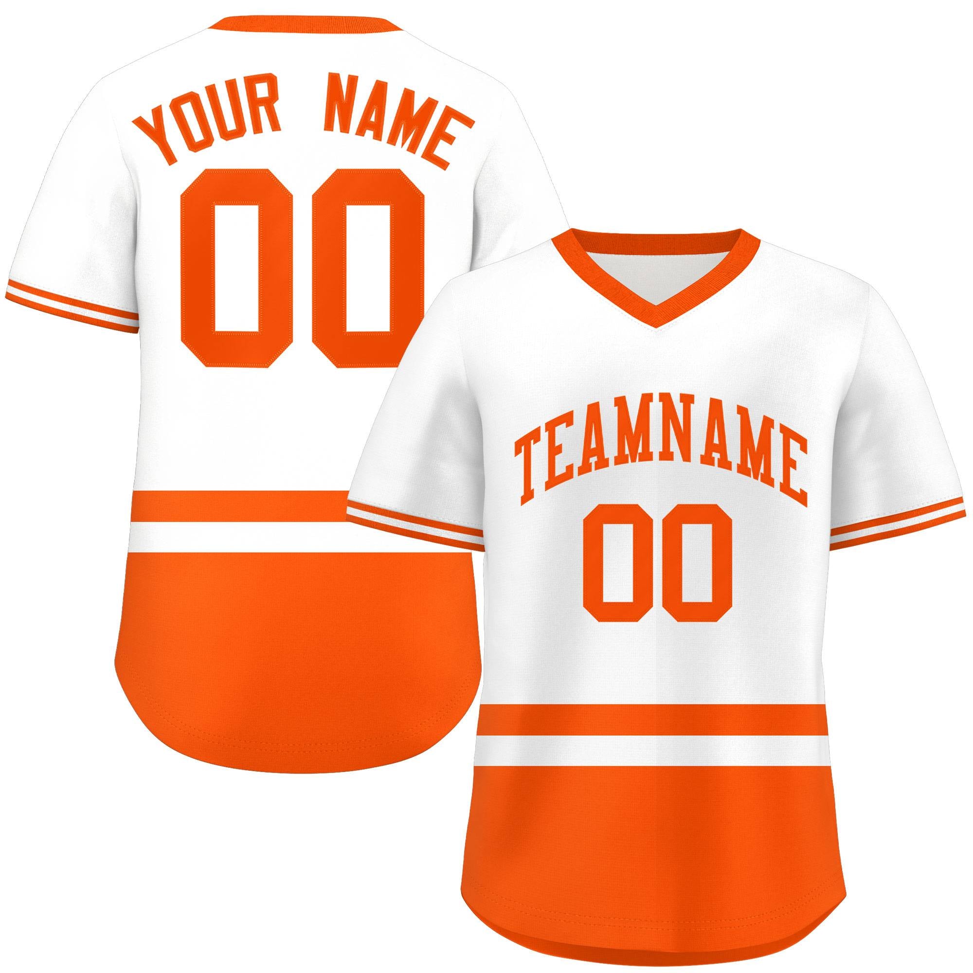 Custom White Orange Color Block Personalized V-Neck Authentic Pullover Baseball Jersey