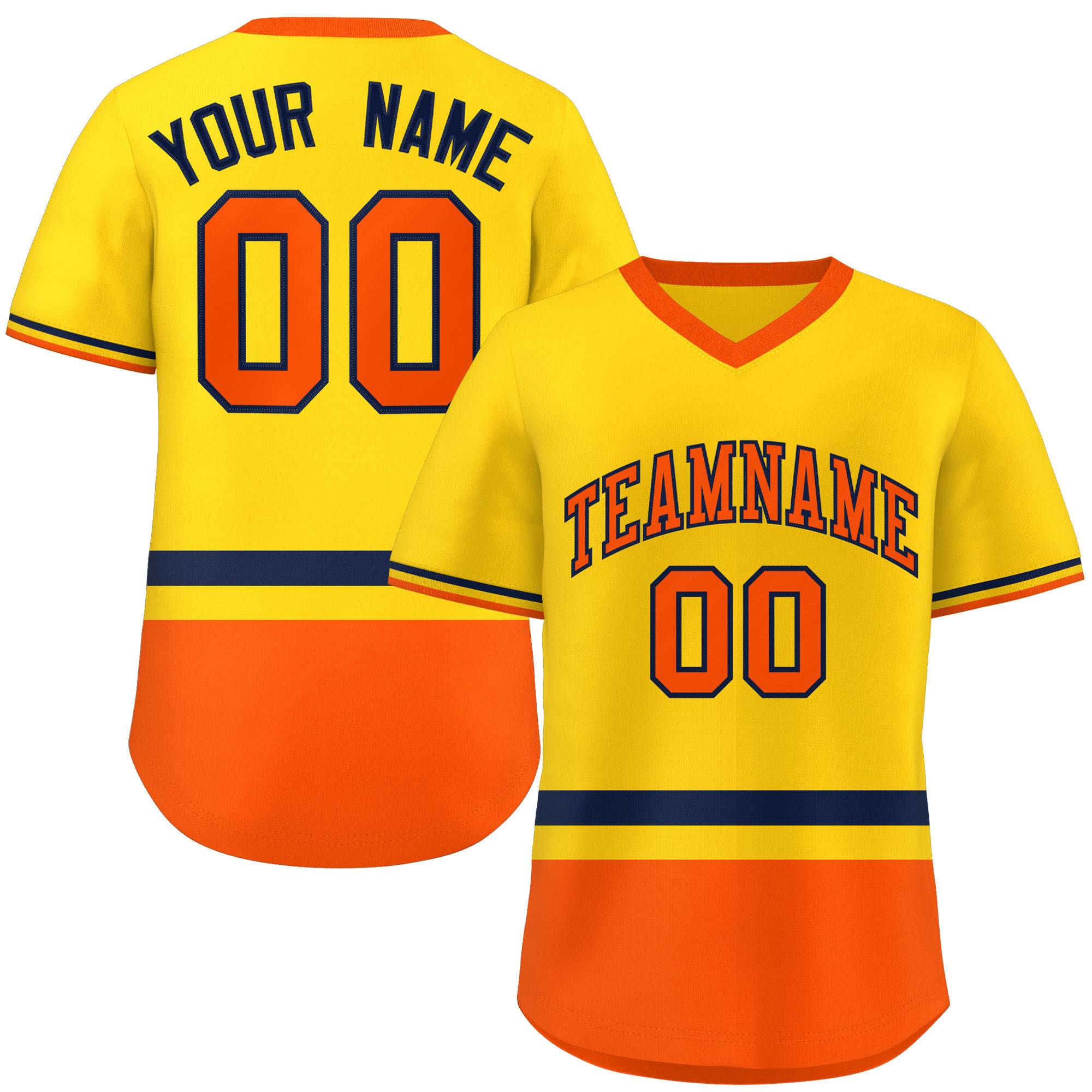 Custom Gold Navy-Orange Color Block Personalized V-Neck Authentic Pullover Baseball Jersey