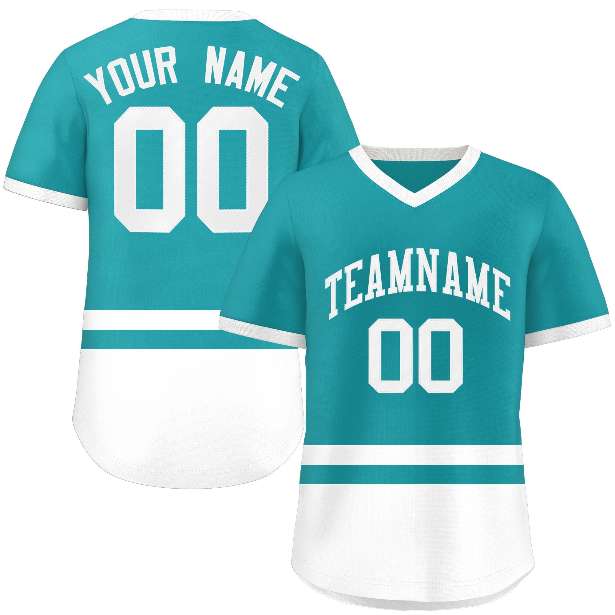 Custom Aqua White Color Block Personalized V-Neck Authentic Pullover Baseball Jersey