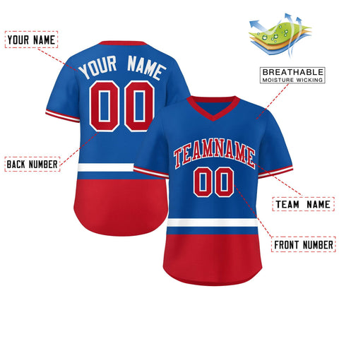 Custom Royal White-Red Color Block Personalized V-Neck Authentic Pullover Baseball Jersey