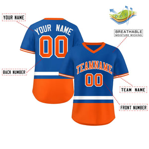 Custom Royal White-Orange Color Block Personalized V-Neck Authentic Pullover Baseball Jersey