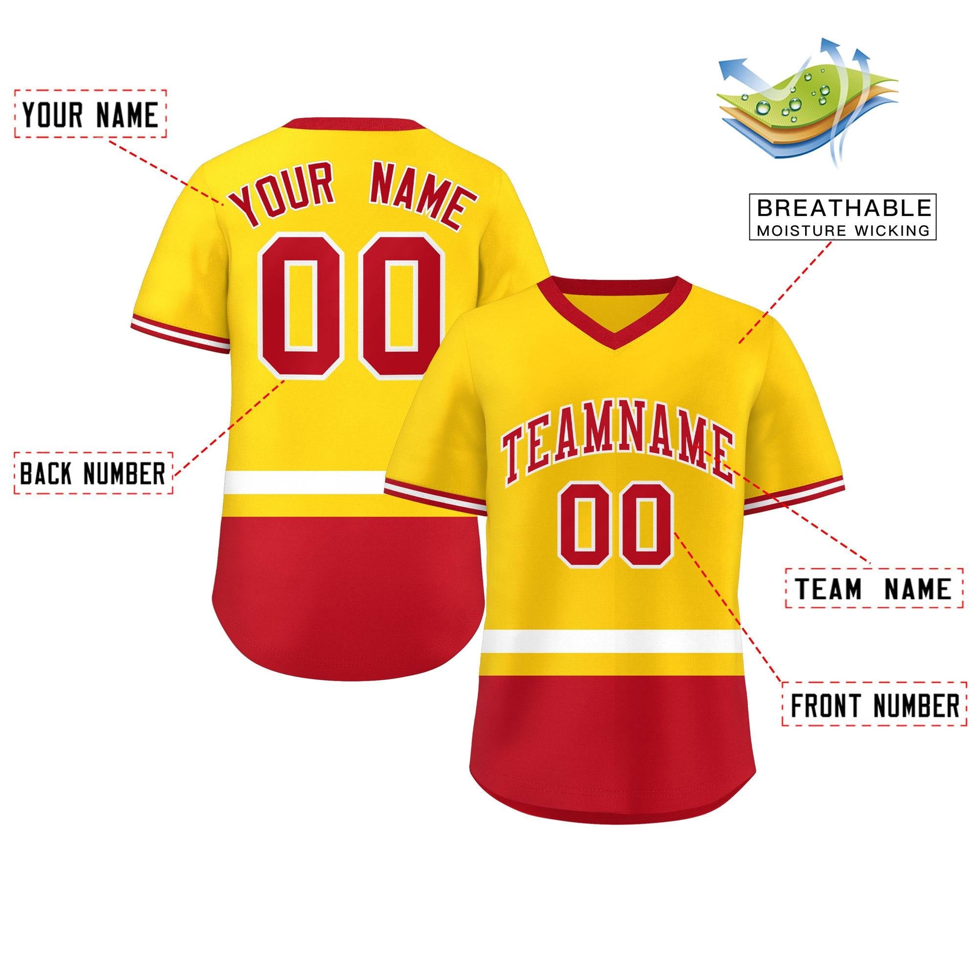 Custom Gold White-Red Color Block Personalized V-Neck Authentic Pullover Baseball Jersey