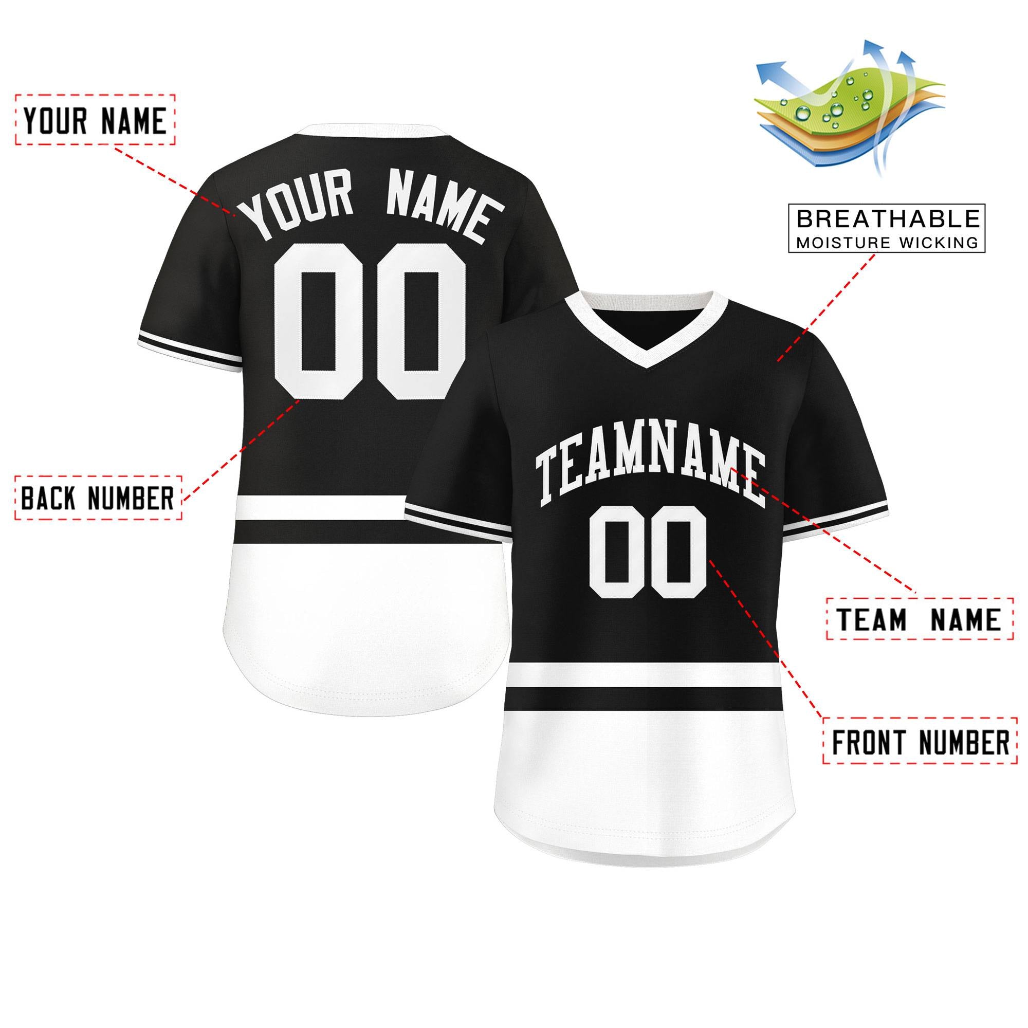 Custom Black White Color Block Personalized V-Neck Authentic Pullover Baseball Jersey