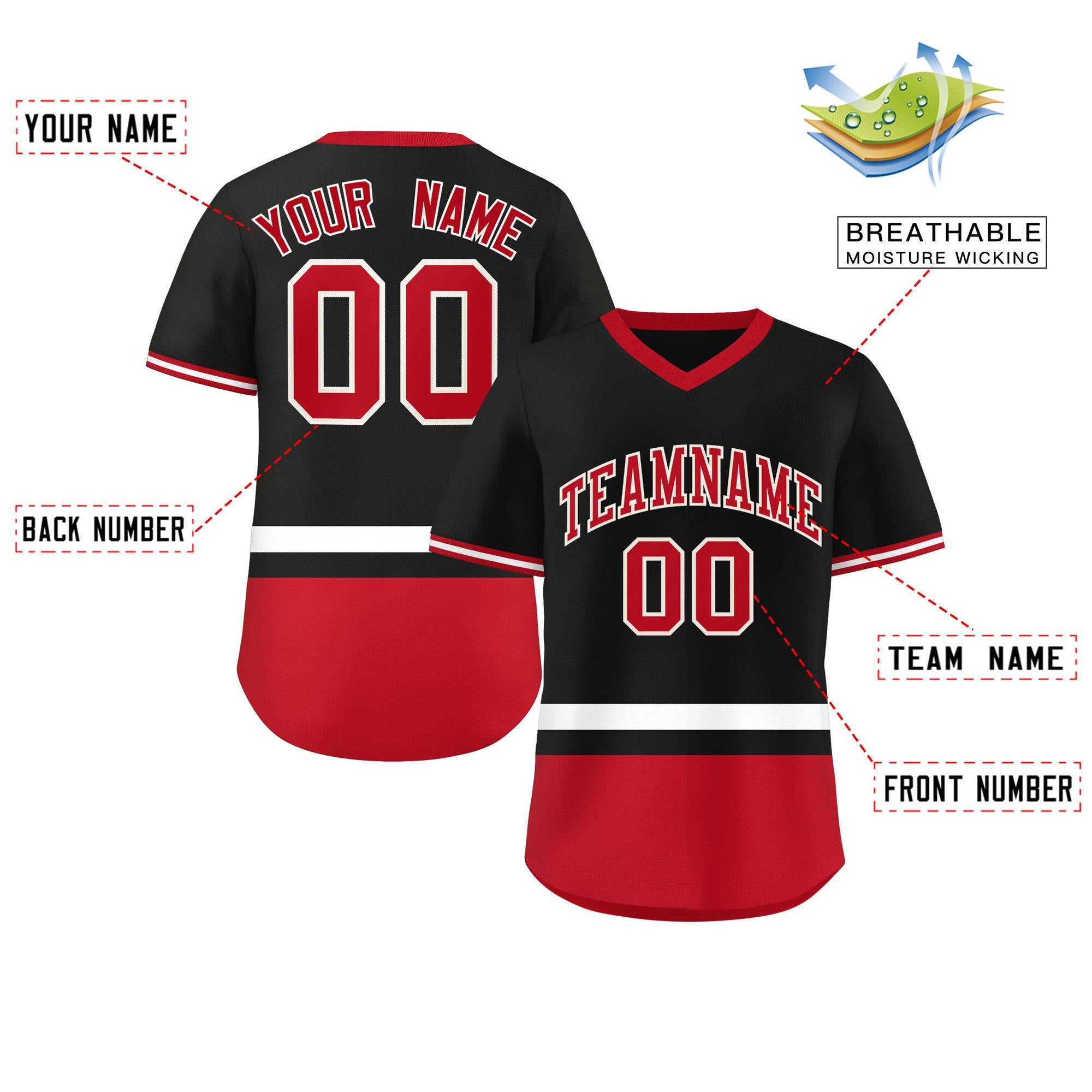 Custom Black White-Red Color Block Personalized V-Neck Authentic Pullover Baseball Jersey