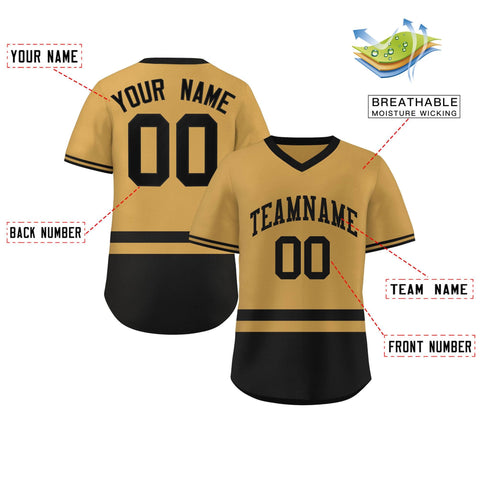 Custom Gold Black Color Block Personalized V-Neck Authentic Pullover Baseball Jersey