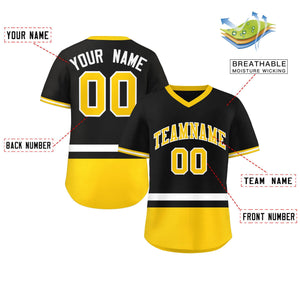 Custom Black White-Gold Color Block Personalized V-Neck Authentic Pullover Baseball Jersey