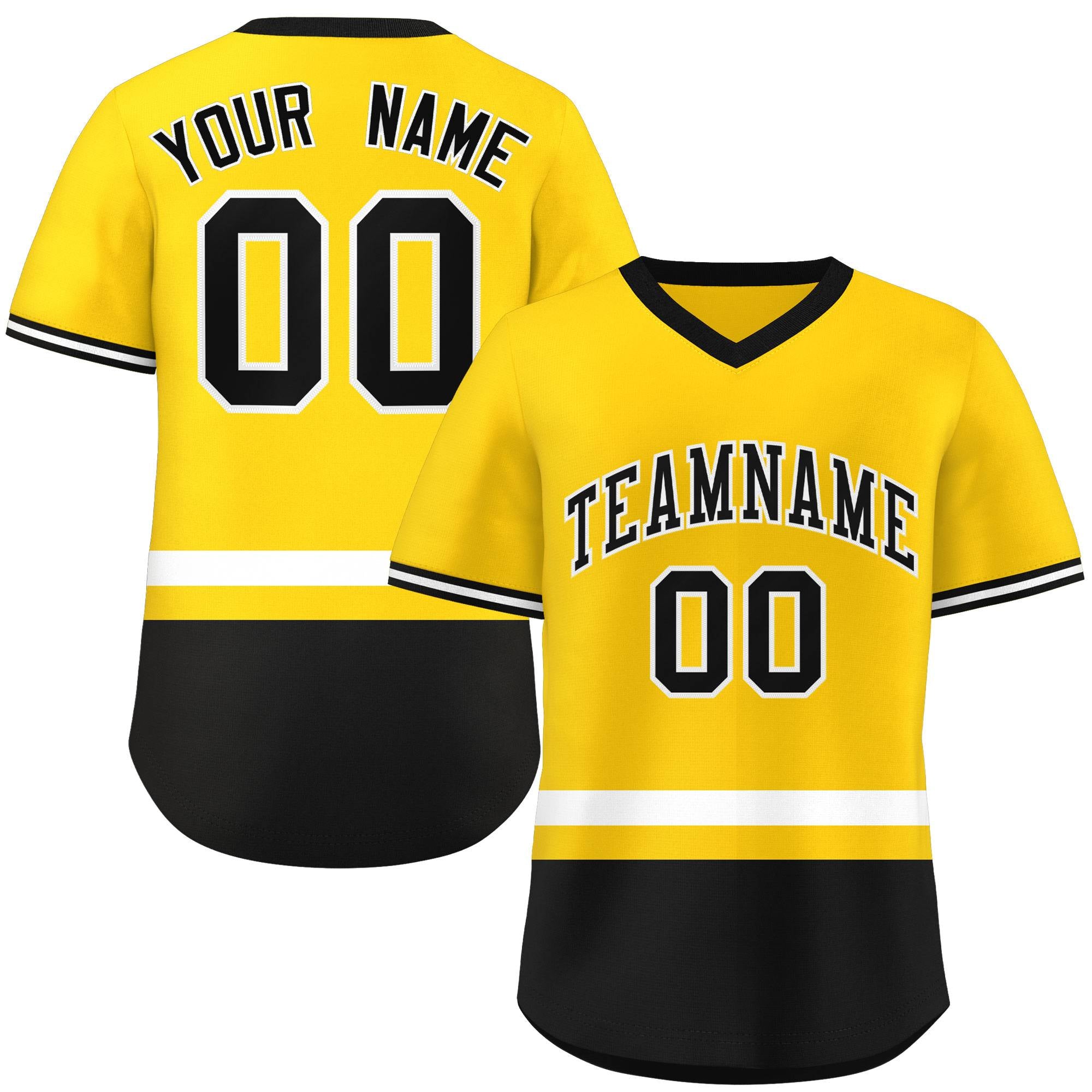 Custom Gold White-Black Color Block Personalized V-Neck Authentic Pullover Baseball Jersey