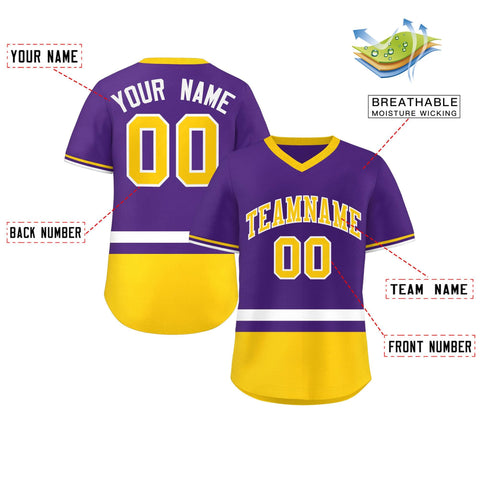 Custom Purple White-Gold Color Block Personalized V-Neck Authentic Pullover Baseball Jersey