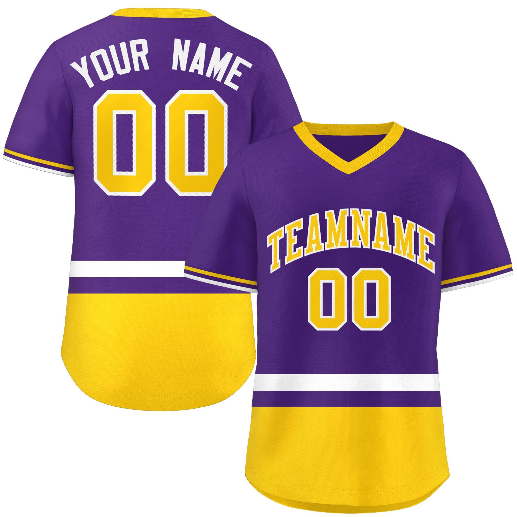 Custom Purple White-Gold Color Block Personalized V-Neck Authentic Pullover Baseball Jersey