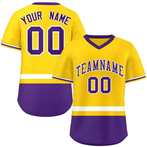 Custom Gold White-Purple Color Block Personalized V-Neck Authentic Pullover Baseball Jersey