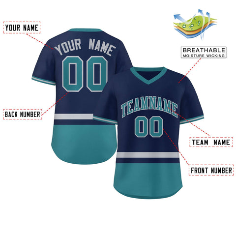 Custom Navy Gray-Aqua Color Block Personalized V-Neck Authentic Pullover Baseball Jersey