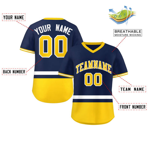 Custom Navy White-Gold Color Block Personalized V-Neck Authentic Pullover Baseball Jersey