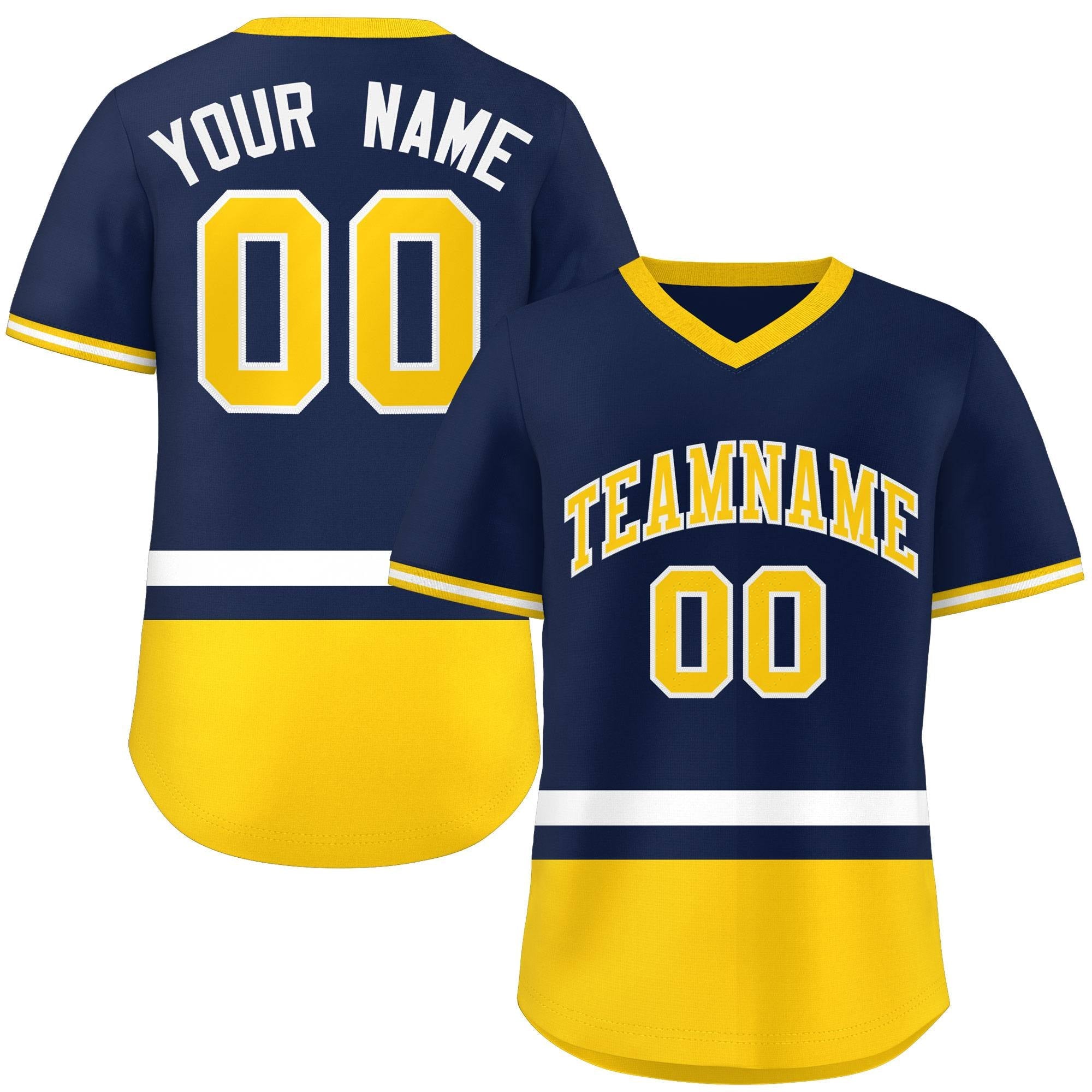 Custom Navy White-Gold Color Block Personalized V-Neck Authentic Pullover Baseball Jersey