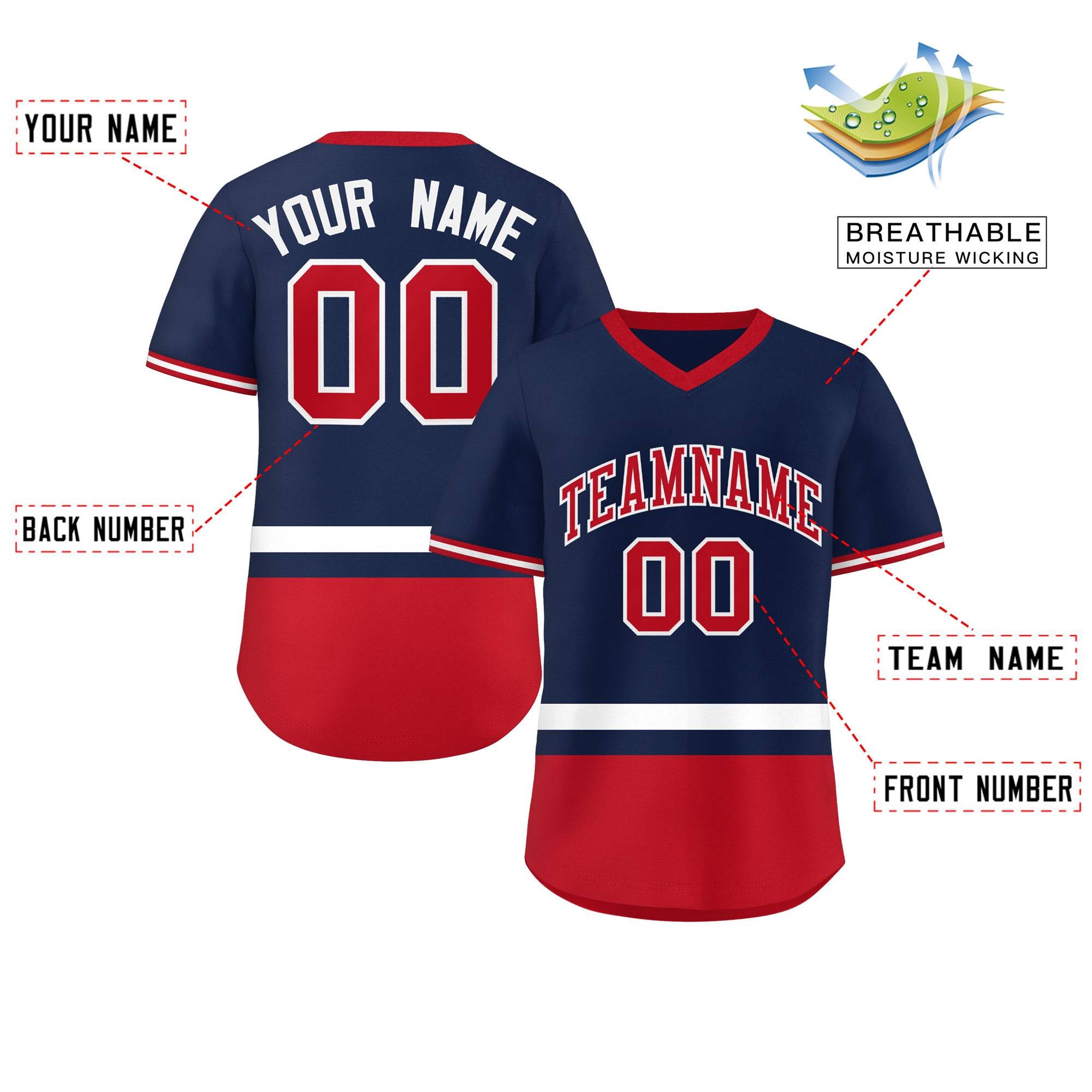 Custom Navy White-Red Color Block Personalized V-Neck Authentic Pullover Baseball Jersey