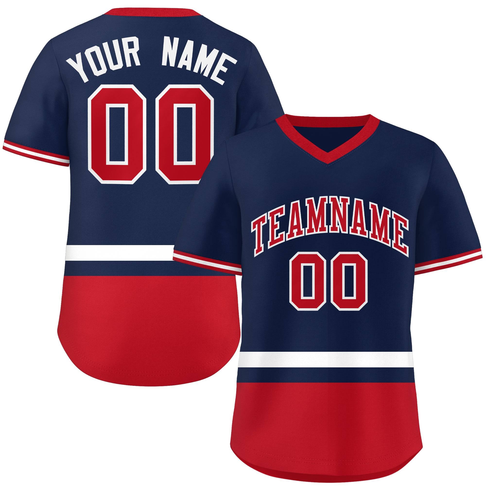 Custom Navy White-Red Color Block Personalized V-Neck Authentic Pullover Baseball Jersey