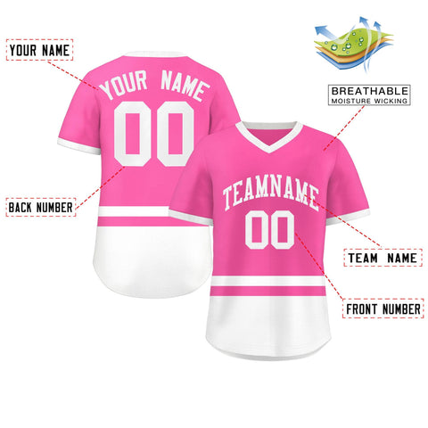 Custom Pink White Color Block Personalized V-Neck Authentic Pullover Baseball Jersey