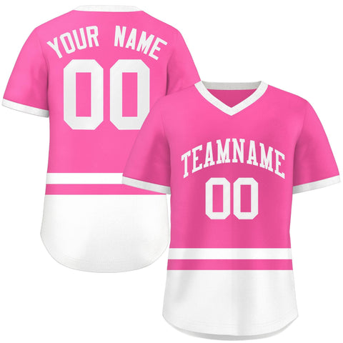 Custom Pink White Color Block Personalized V-Neck Authentic Pullover Baseball Jersey