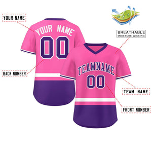 Custom Pink White-Purple Color Block Personalized V-Neck Authentic Pullover Baseball Jersey