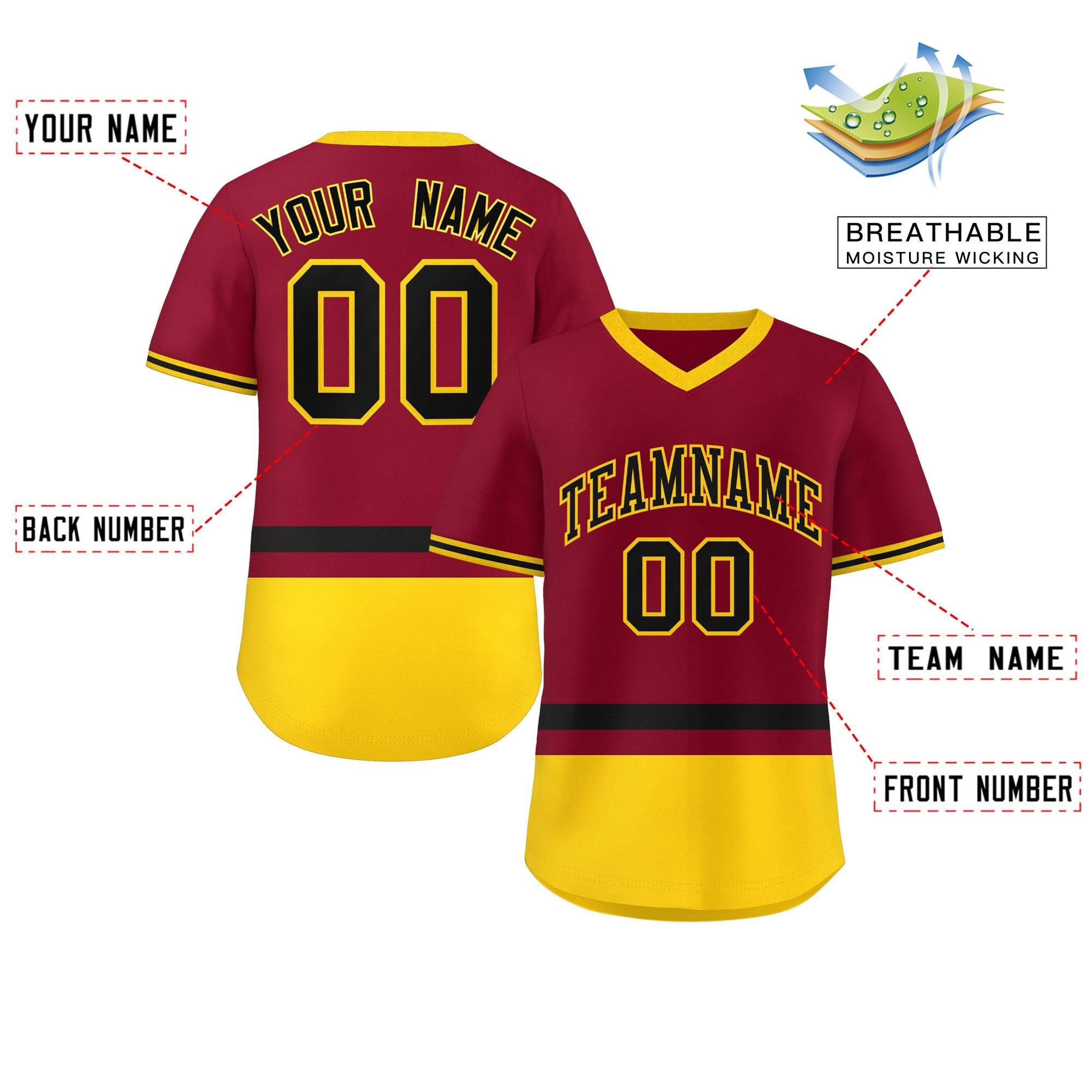 Custom Crimson Black-Gold Color Block Personalized V-Neck Authentic Pullover Baseball Jersey