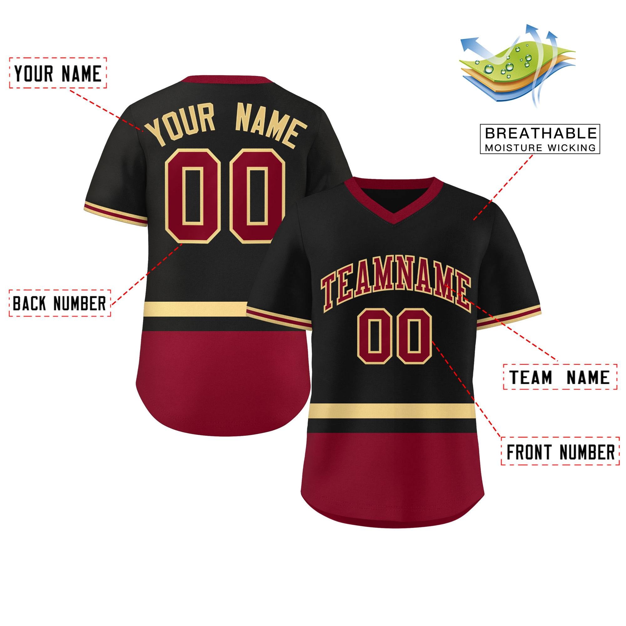 Custom Black Khaki-Crimson Color Block Personalized V-Neck Authentic Pullover Baseball Jersey