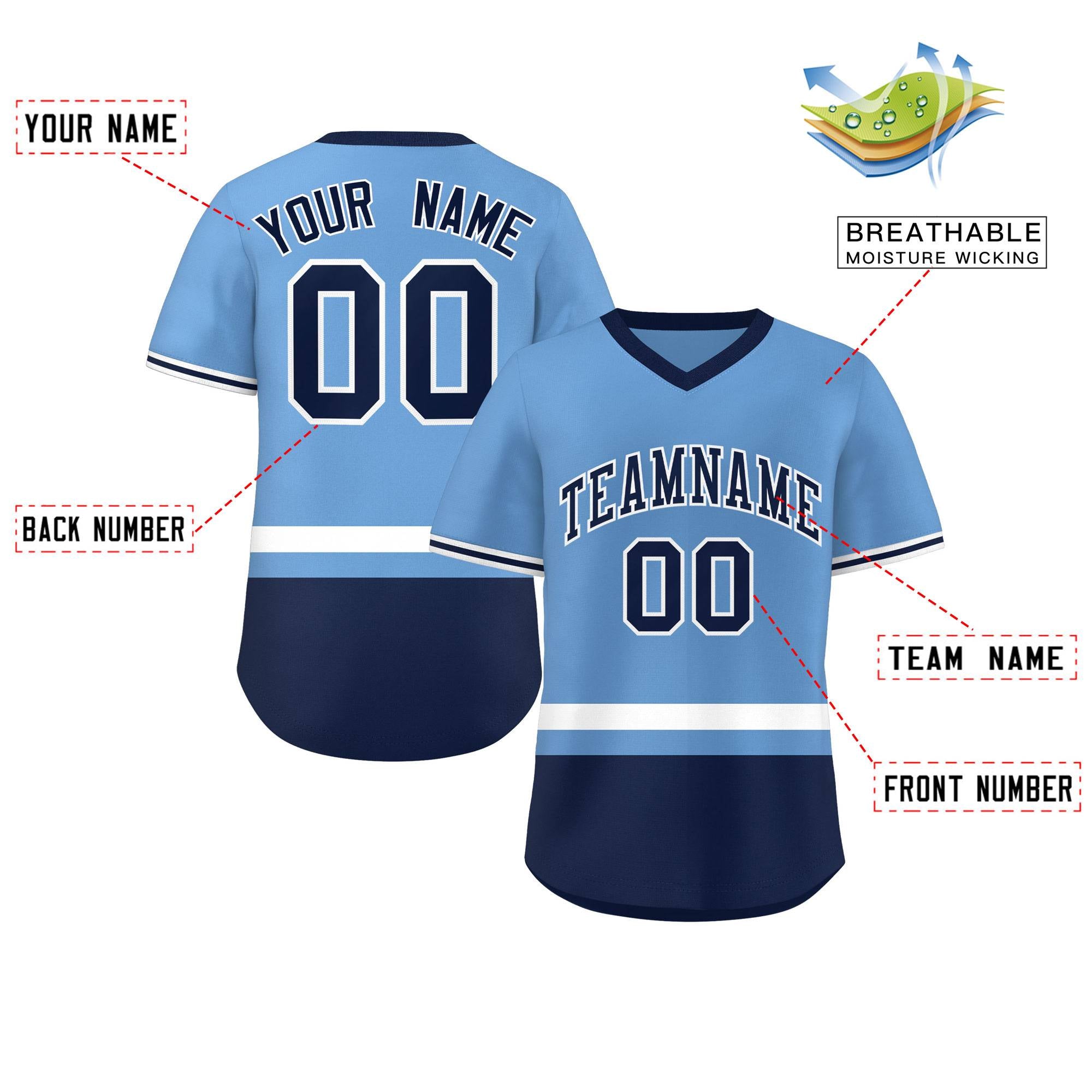 Custom Light Blue White-Navy Color Block Personalized V-Neck Authentic Pullover Baseball Jersey