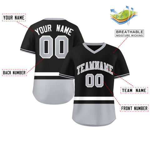 Custom Black White-Gray Color Block Personalized V-Neck Authentic Pullover Baseball Jersey