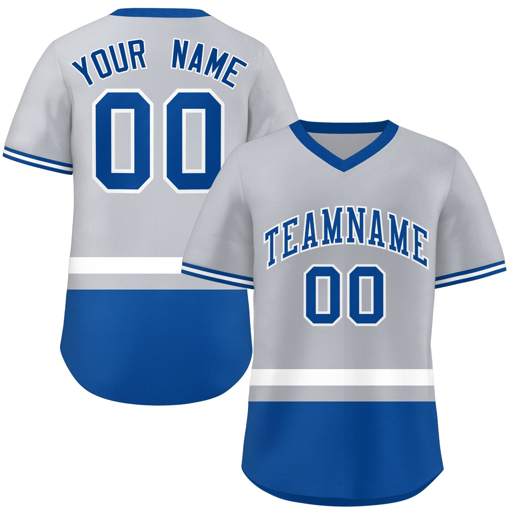 Custom Gray White-Royal Color Block Personalized V-Neck Authentic Pullover Baseball Jersey