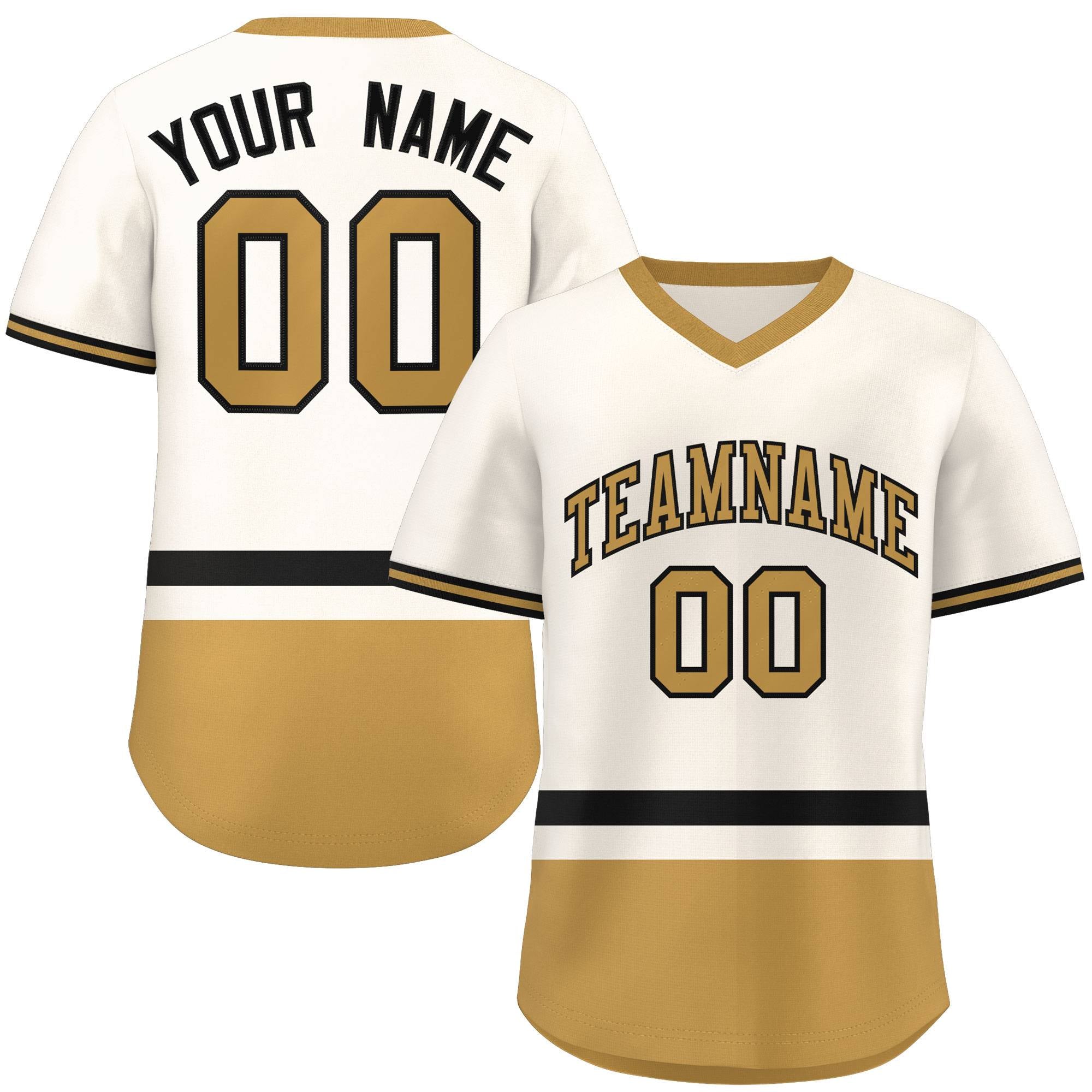 Custom Cream Black-Old Gold Color Block Personalized V-Neck Authentic Pullover Baseball Jersey