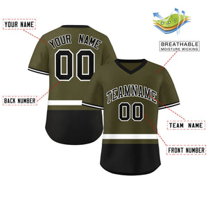 Custom Olive White-Black Color Block Personalized V-Neck Authentic Pullover Baseball Jersey