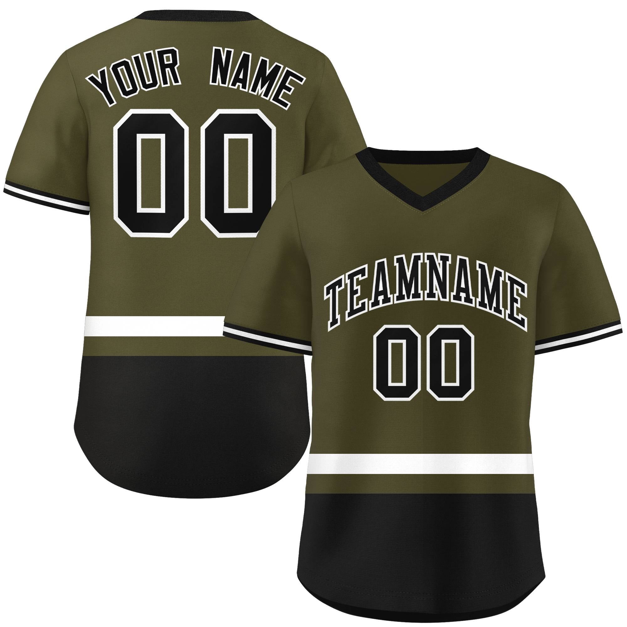 Custom Olive White-Black Color Block Personalized V-Neck Authentic Pullover Baseball Jersey