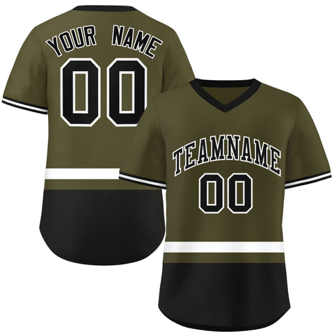 Custom Olive White-Black Color Block Personalized V-Neck Authentic Pullover Baseball Jersey