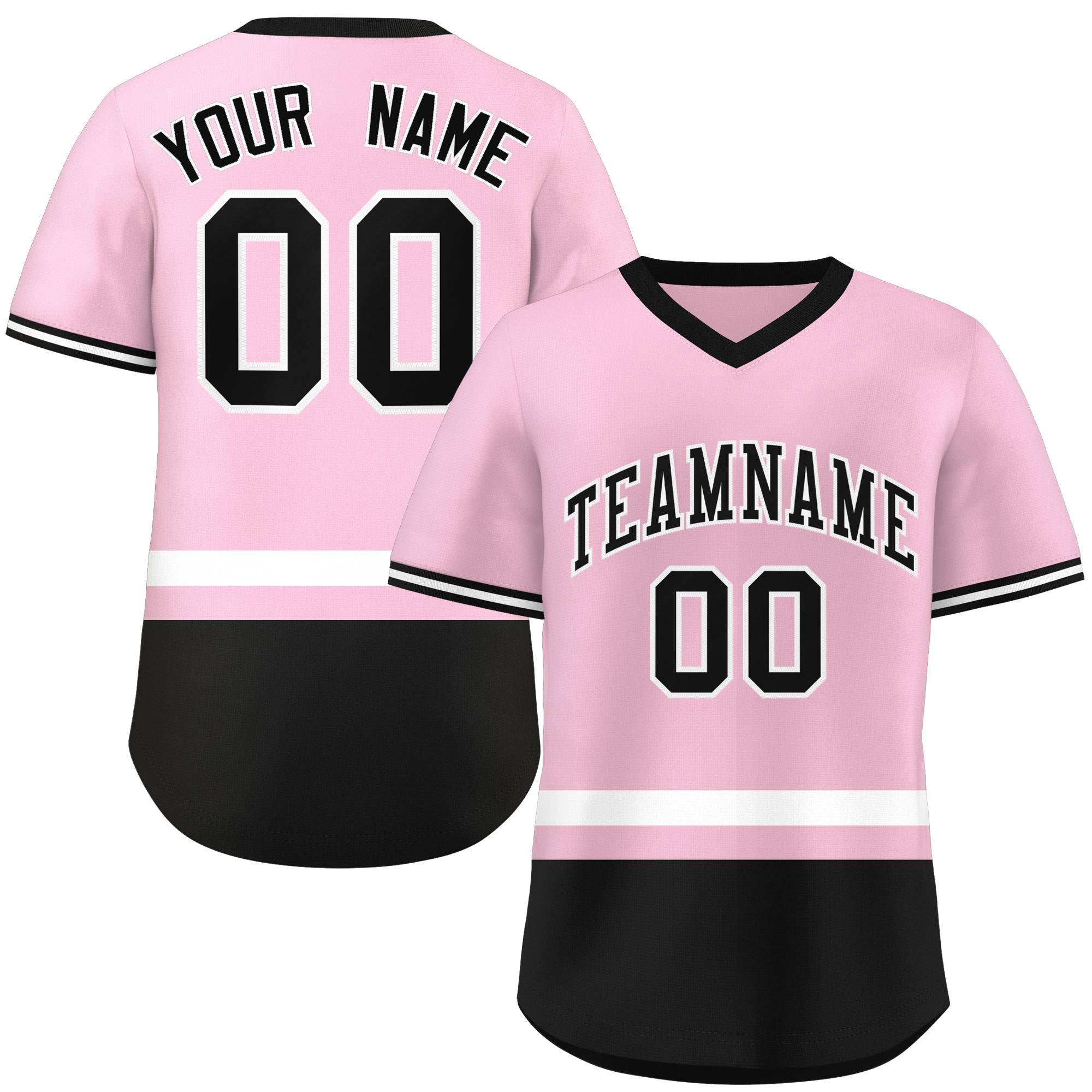 Custom Light Pink White-Black Color Block Personalized V-Neck Authentic Pullover Baseball Jersey