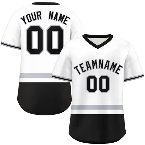 Custom White Gray-Black Color Block Personalized V-Neck Authentic Pullover Baseball Jersey