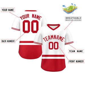 Custom White Red Color Block Personalized V-Neck Authentic Pullover Baseball Jersey