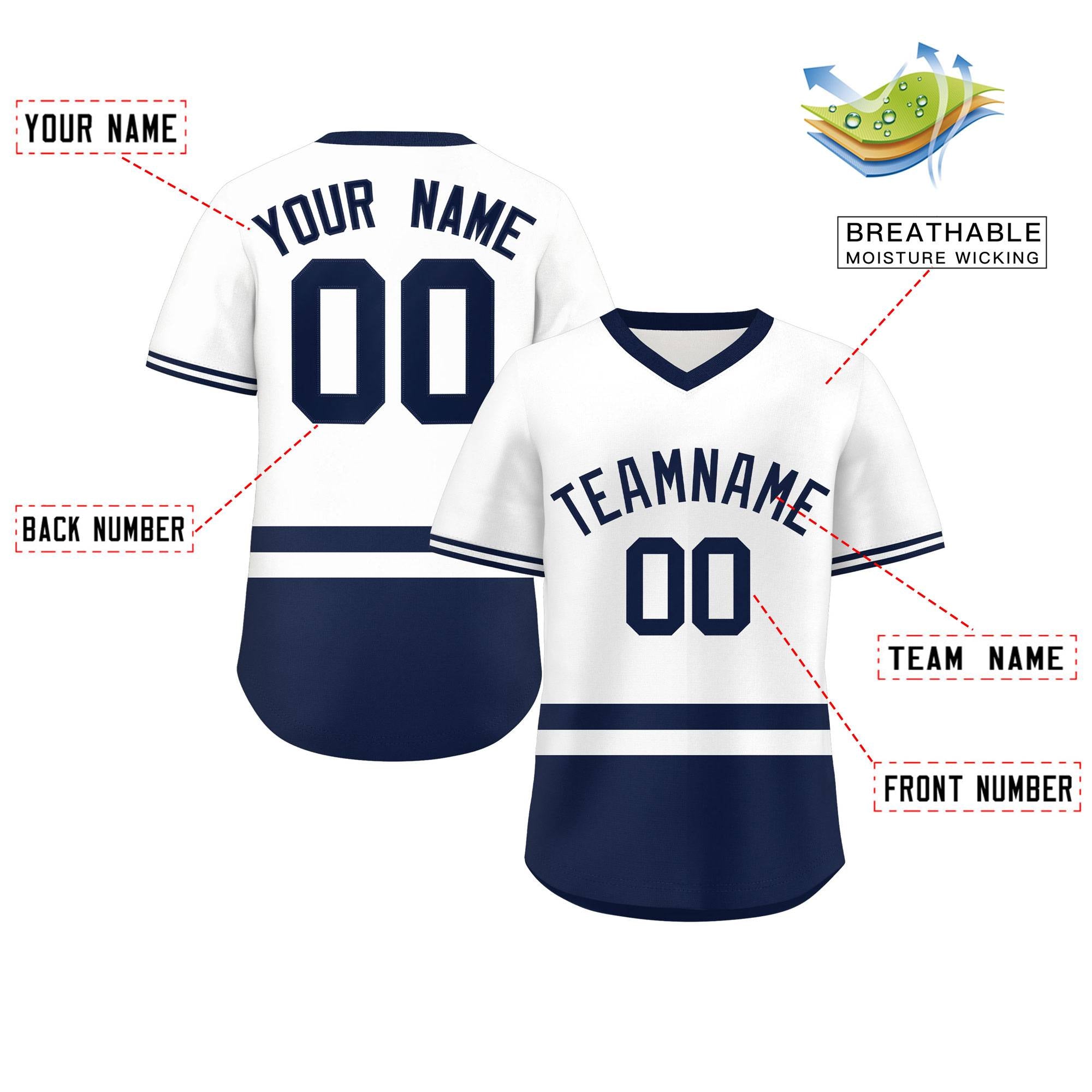 Custom White Navy Color Block Personalized V-Neck Authentic Pullover Baseball Jersey