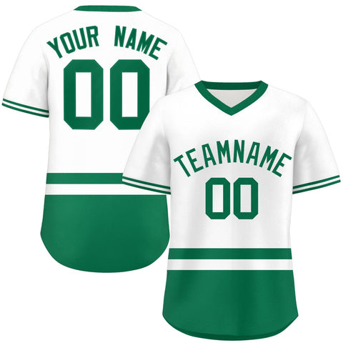 Custom White Kelly Green Color Block Personalized V-Neck Authentic Pullover Baseball Jersey