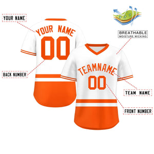 Custom White Orange Color Block Personalized V-Neck Authentic Pullover Baseball Jersey