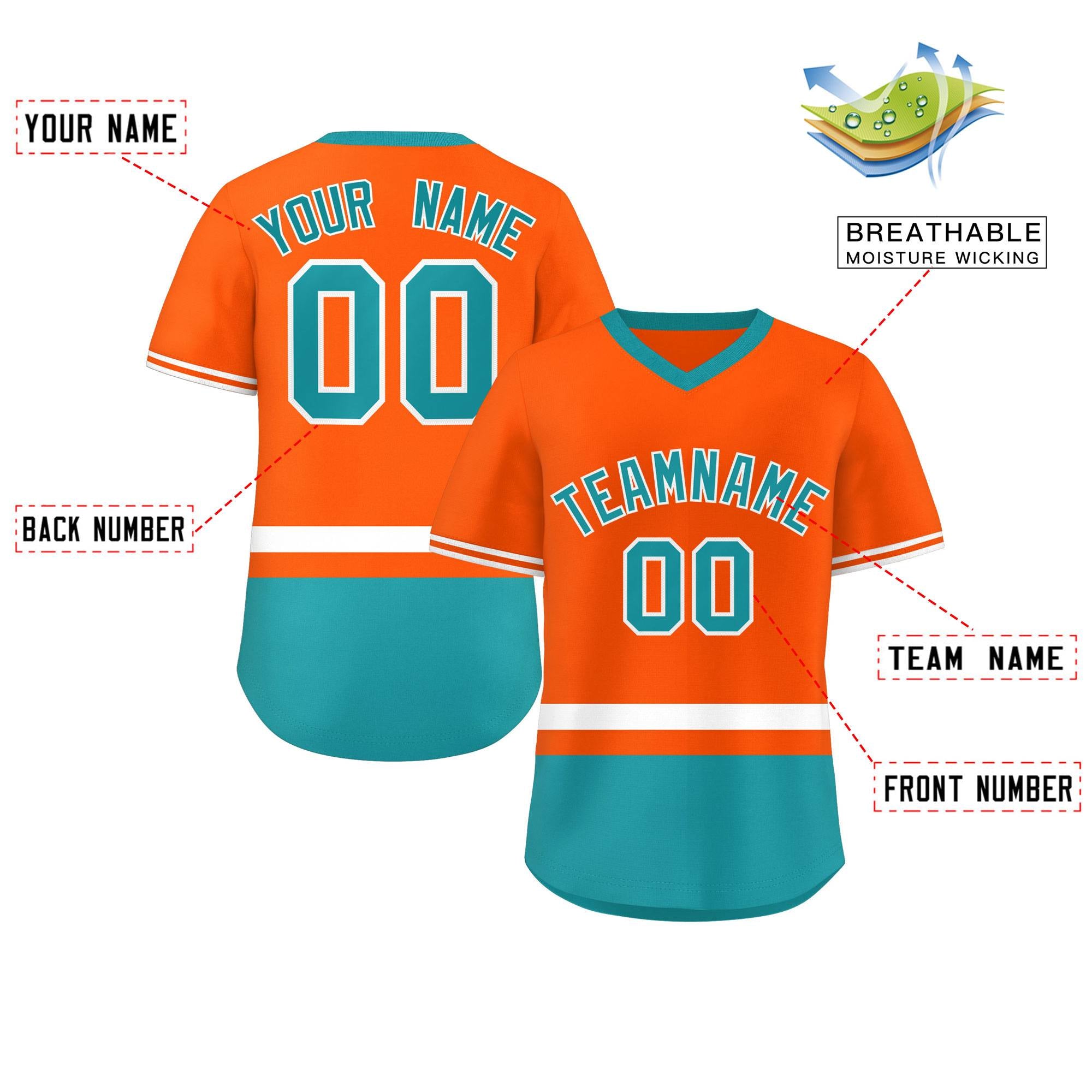 Custom Orange White-Aqua Color Block Personalized V-Neck Authentic Pullover Baseball Jersey