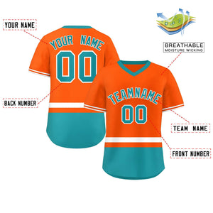 Custom Orange White-Aqua Color Block Personalized V-Neck Authentic Pullover Baseball Jersey