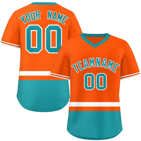 Custom Orange White-Aqua Color Block Personalized V-Neck Authentic Pullover Baseball Jersey