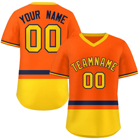 Custom Orange Navy-Gold Color Block Personalized V-Neck Authentic Pullover Baseball Jersey