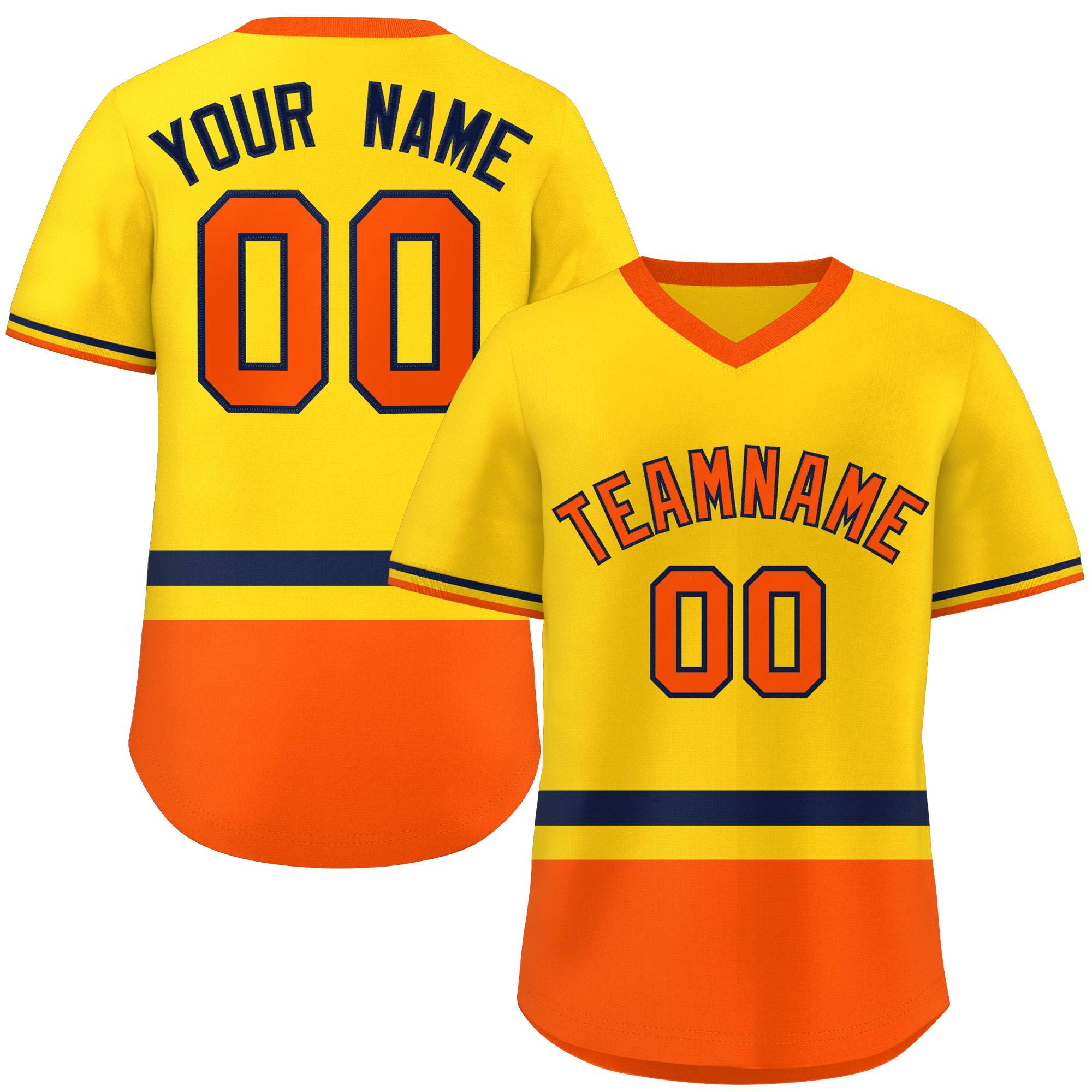 Custom Gold Navy-Orange Color Block Personalized V-Neck Authentic Pullover Baseball Jersey