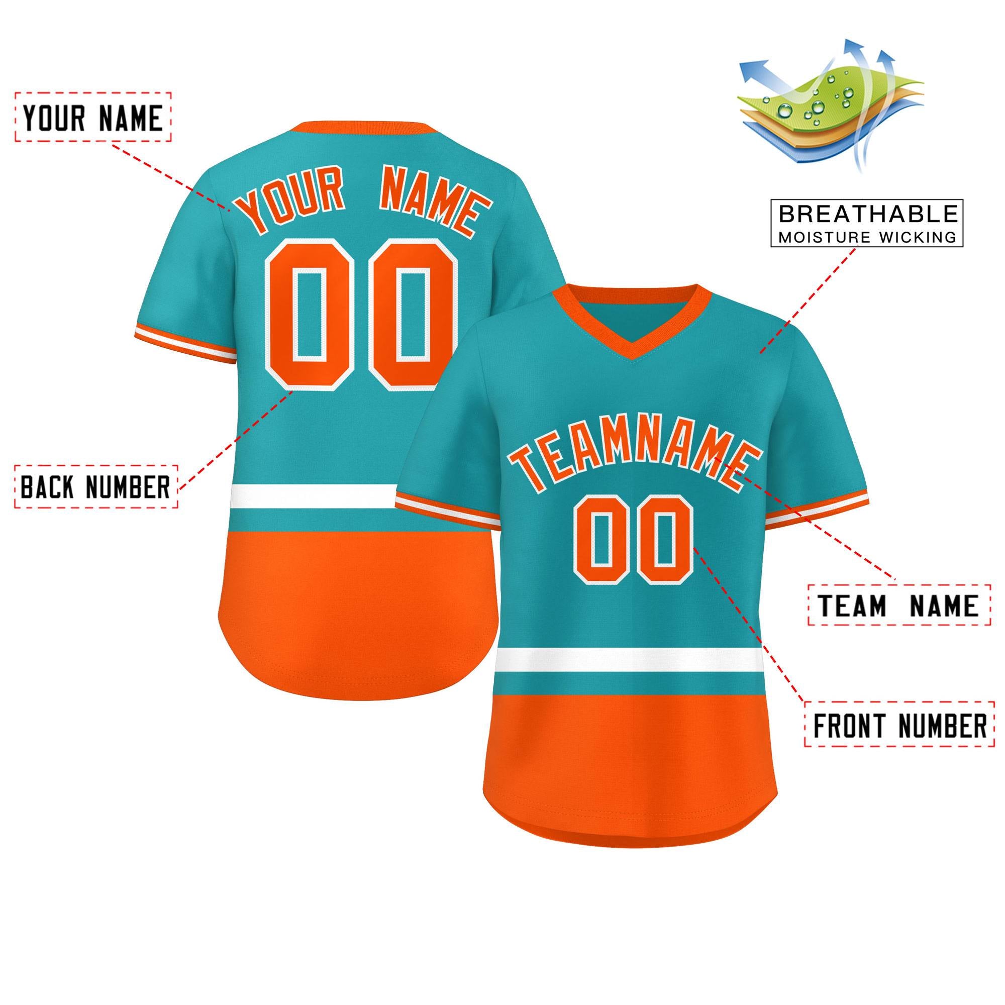 Custom Aqua White-Orange Color Block Personalized V-Neck Authentic Pullover Baseball Jersey