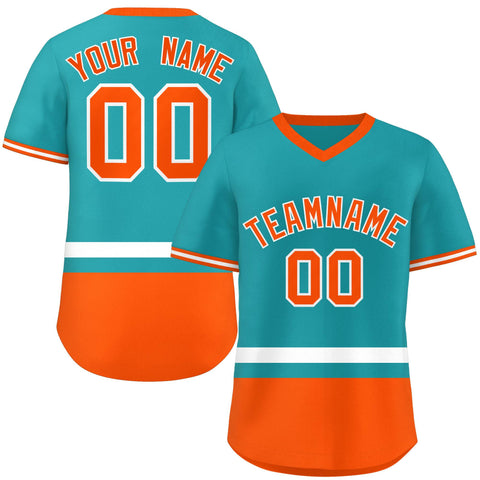 Custom Aqua White-Orange Color Block Personalized V-Neck Authentic Pullover Baseball Jersey