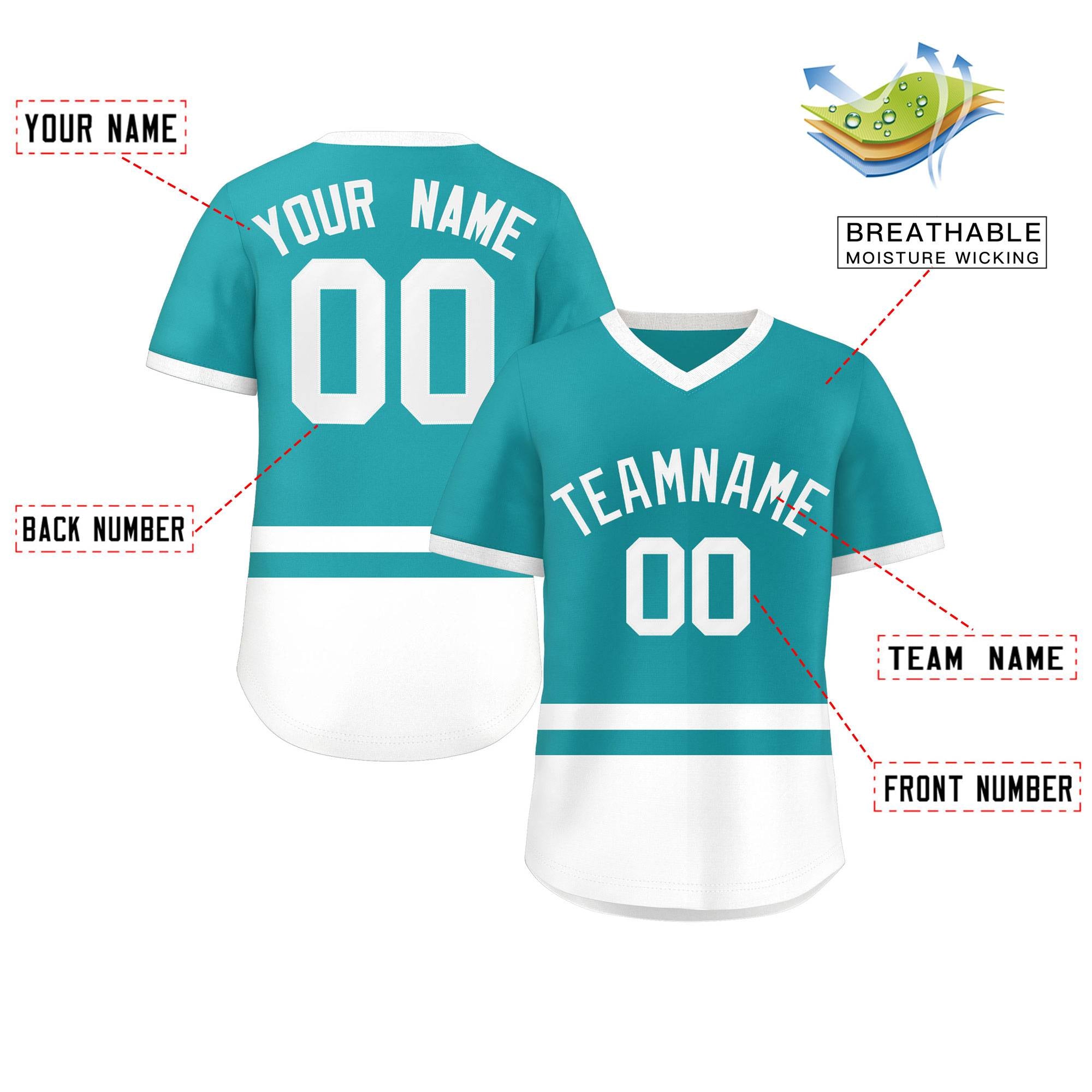 Custom Aqua White Color Block Personalized V-Neck Authentic Pullover Baseball Jersey