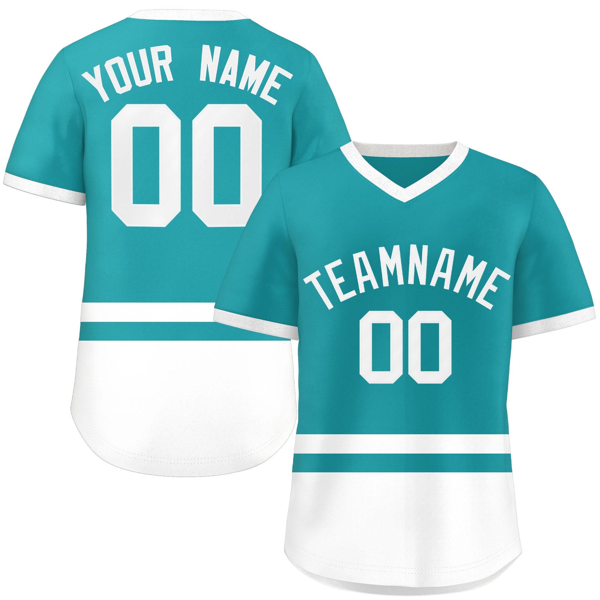 Custom Aqua White Color Block Personalized V-Neck Authentic Pullover Baseball Jersey