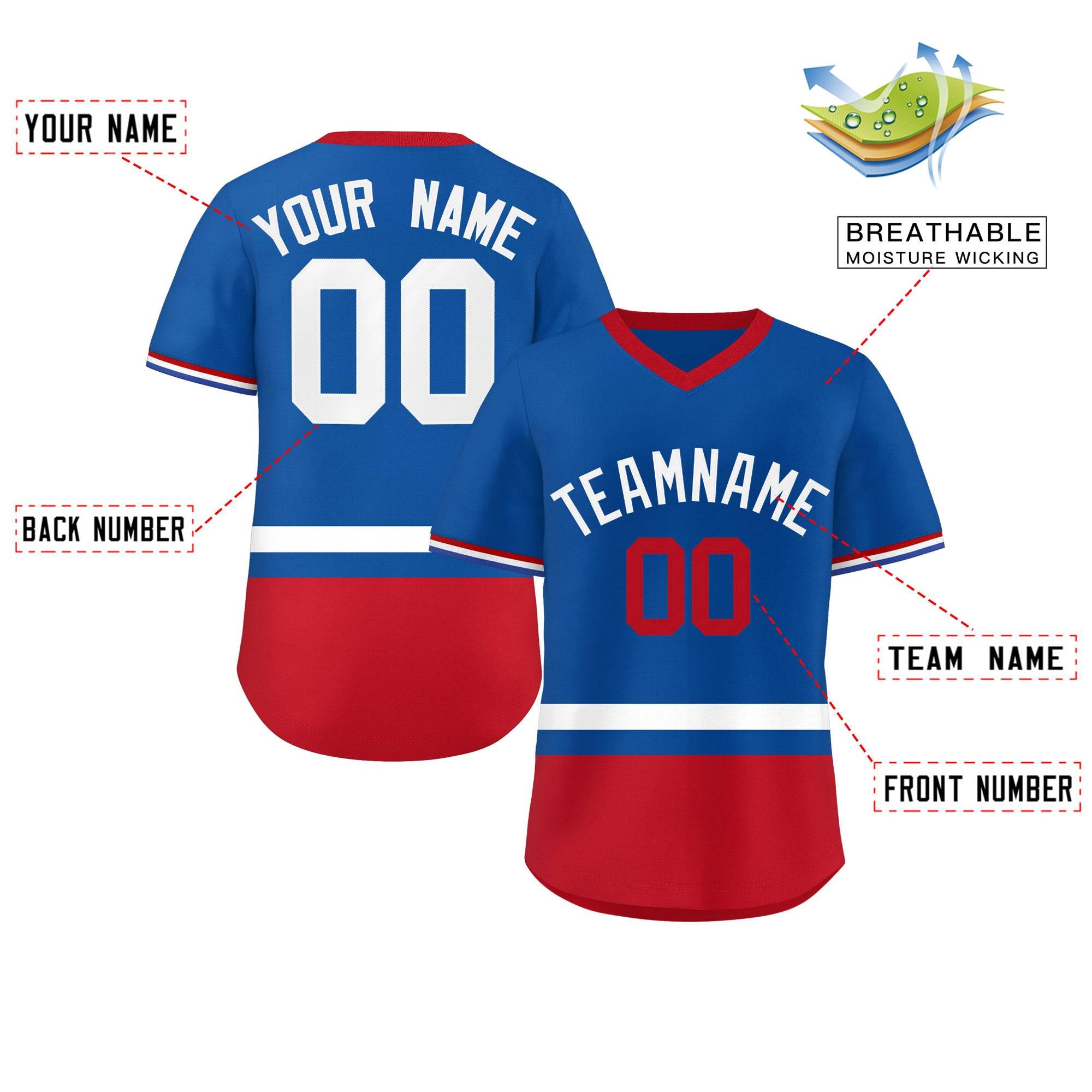 Custom Royal White-Red Color Block Personalized V-Neck Authentic Pullover Baseball Jersey