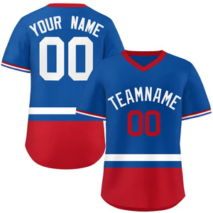 Custom Royal White-Red Color Block Personalized V-Neck Authentic Pullover Baseball Jersey